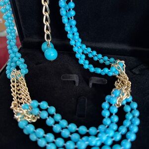 Robins Egg Blue Beaded Necklace with Gold Accents 35” length Multi-strand